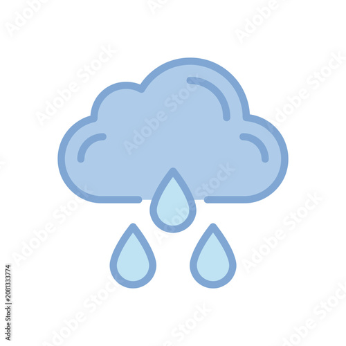 A simple flat vector icon of a blue rain cloud with falling droplets