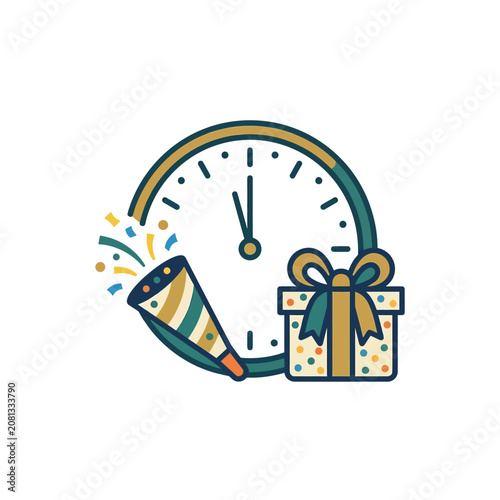 A festive clock icon with a party popper and a wrapped gift box
