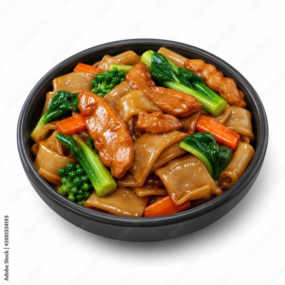 Fototapeta premium Thai street food icon in bowl with glossy noodles vegetable and meat, savory Asian takeout dish for lunch