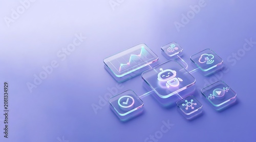 Artificial intelligence central hub network featuring transparent glass icons for cloud computing and smart data management