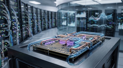 High performance server hardware with advanced cooling system in data center, liquid cooling pipes on motherboard, cloud computing infrastructure