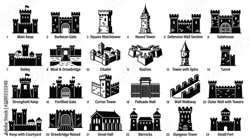 Tableau sur toile Medieval Castle Elements Icons Collection: Keep, Gatehouse, Tower, Wall
