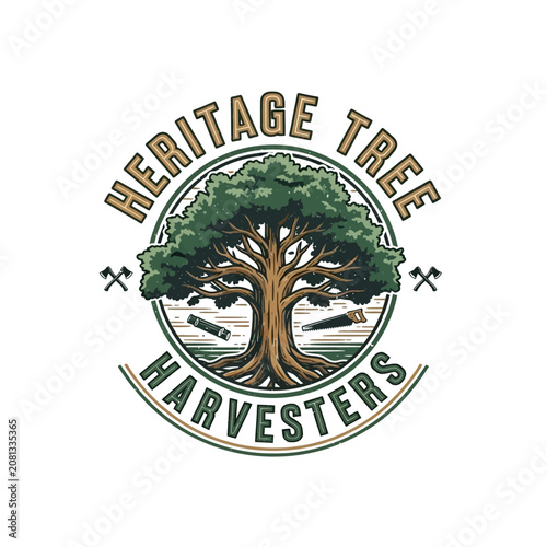 Fotografie Vintage heritage tree harvesters badge with oak tree and hand saws