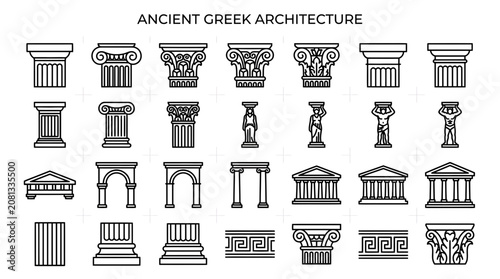 Tableau sur toile Ancient Greek Architecture Elements: Columns, Capitals, Pediments, Arches