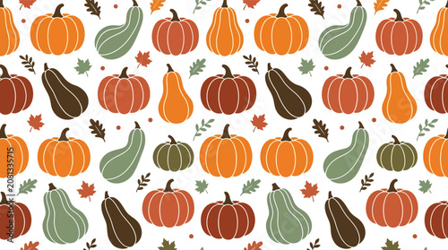 Foto Seamless autumn pumpkin and gourd pattern vector with leaves in warm seasonal co