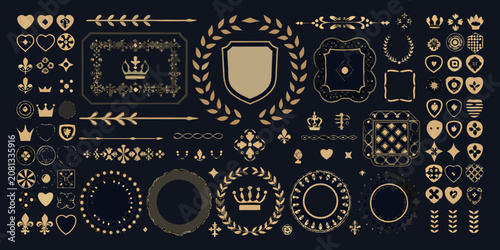 Konstfotografi Collection of ornate gold emblems including crowns shields and laurel wreaths ve