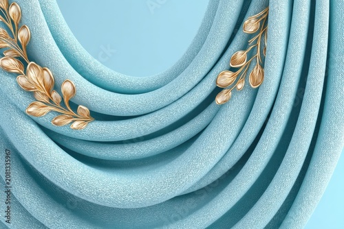 Abstract Light Blue Fabric Drapes With Golden Leaf Ornament For Luxury Background Decoration Concept