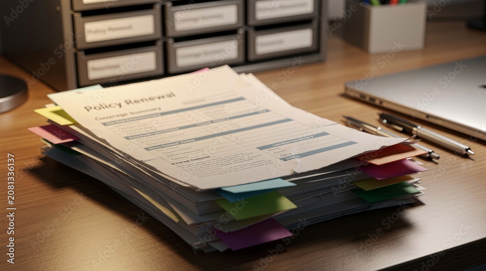 Fototapeta premium Stack of Policy Renewal Documents on a Wooden Desk