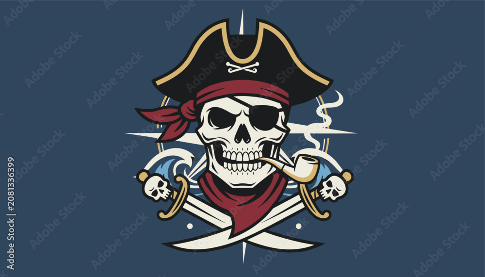 Fototapeta premium Menacing pirate skull wearing a tricorn hat and eyepatch is accompanied by crossed swords and a smoking pipe.