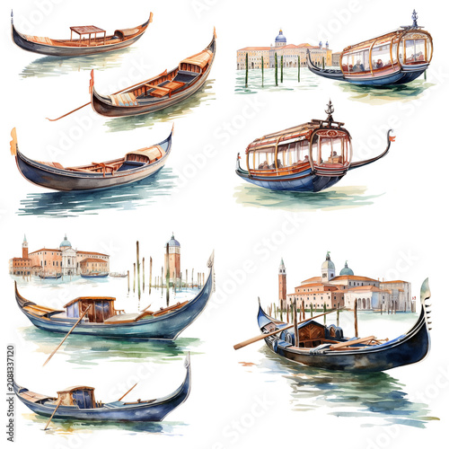 Set of Watercolor Illustrations Featuring Traditional Venetian Gondolas and Scenic Italian Canal Architecture