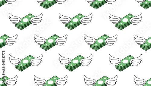 Repeating pattern of stacks of green money bills with white wings flying away on a white background for financial concepts.