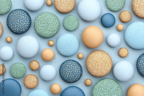 Abstract Pattern Of Textured Pastel Blue And Gold Spheres Arranged On A Soft Light Blue Background