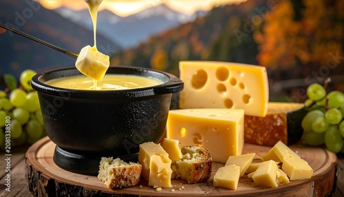 Cheese fondue served with bread, fruit, and cheese slices. Rustic table with mountain background