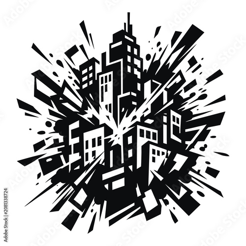 Canvastavla Black and white cityscape with buildings exploding in abstract motion icon
