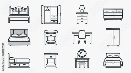 Professional Black and White Line Drawing Set of Iconic Bedroom Furniture and Accessories with high quality professional line art symbols for modern creative design and digital branding projects