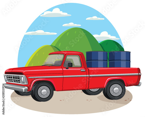 Red Pickup Truck Carrying Barrels in Mountain Landscape