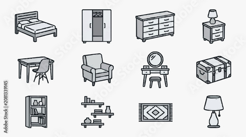 Corporate Minimalist Line Drawing Icons Set of Common Furniture and Home Items in Monochrome with high quality professional line art symbols for modern creative design and digital branding projects