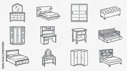 Elegant Monochromatic Line Drawing Set of Modern Furniture Including Beds Wardrobes Dressers and Vanities