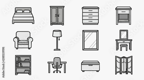 Industrial Style Minimalist Black and White Line Drawing of Essential Bedroom and Office Furniture