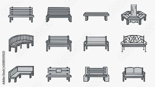 Dynamic Collection of Modern and Classic Bench and Seating Designs in Monochrome Line Art with high quality professional line art symbols for modern creative design and digital branding projects
