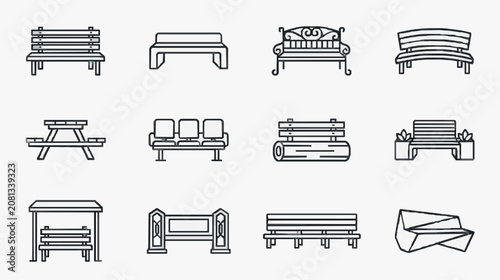 Minimalist Black and White Line Drawing Icons Set of Various Park Benches Tables and Seating Arrangements