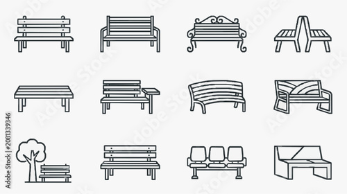 Minimalist Black and White Line Drawing Collection of Various Bench and Seating Designs for Urban and Park Planning