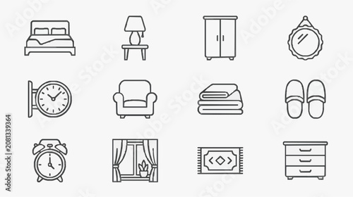 Dynamic Minimalist Black and White Line Icons Set Featuring Bedroom Essentials Clocks Furniture and Decor
