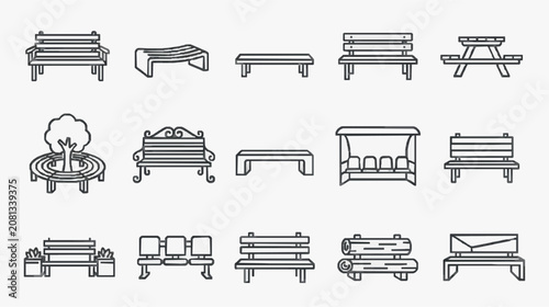 Minimalist Black and White Line Drawing Set of Various Park Benches Tables and Seating Arrangements for Design Projects