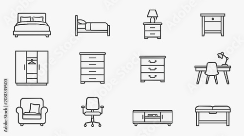 Corporate Minimalist Line Drawing Set of Modern Furniture Icons for Office or Home Decor Design Projects