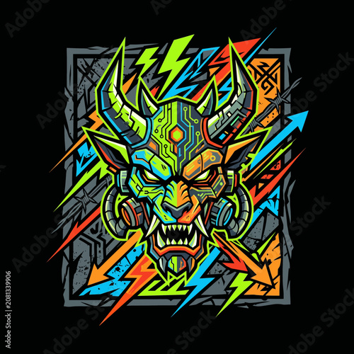 Vibrant cybernetic monster head illustration with neon colors