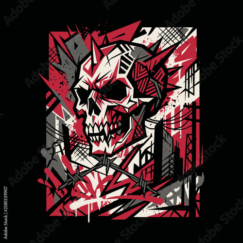 Aggressive skull illustration with urban graffiti and barbed wire elements