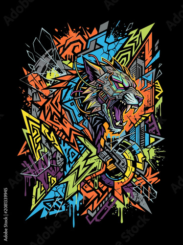 Dynamic cybernetic beast head with vibrant abstract geometric shapes