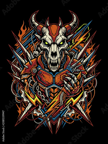 A fierce mechanical skull monster with glowing eyes and sharp horns