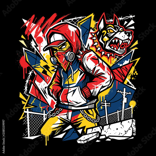 Dynamic street art illustration featuring a hooded figure and dog