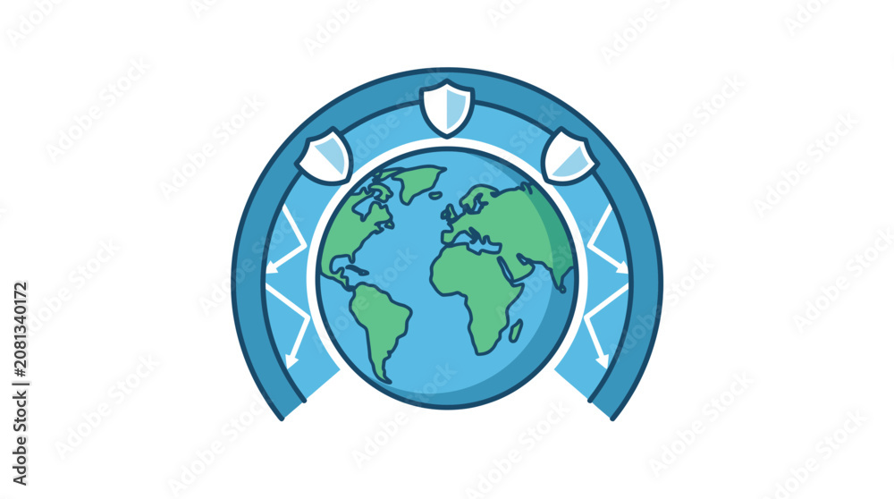Fototapeta premium A stylized illustration of the planet Earth protected by a circular shield icon.