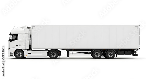 White semi-trailer truck mockup on white background, heavy duty cargo vehicle for freight transport, blank commercial delivery lorry for branding
