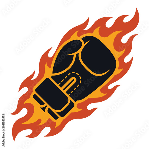 Cartoon boxing glove on fire flames isolated on white background icon