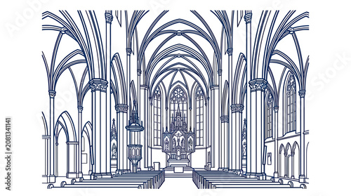 Gothic Church Interior Line Art Drawing, Cathedral Architecture Blueprint Style