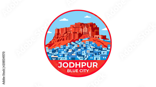 Jodhpur Blue City India: Mehrangarh Fort and traditional houses, vibrant illustration