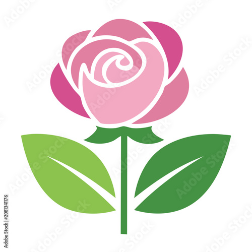 Pink rose icon with green leaves on transparent background