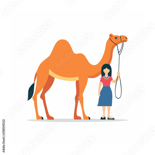 Woman holding a camel on a leash in flat design