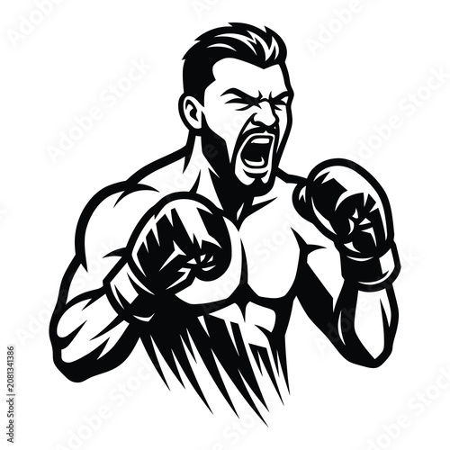 Illustration of a muscular man in boxing gloves shouting aggressively  ready to fight icon