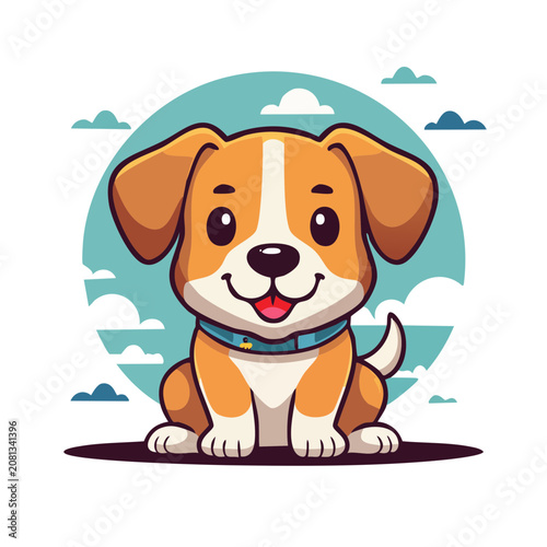 Cute cartoon puppy sitting and smiling on a blue sky background
