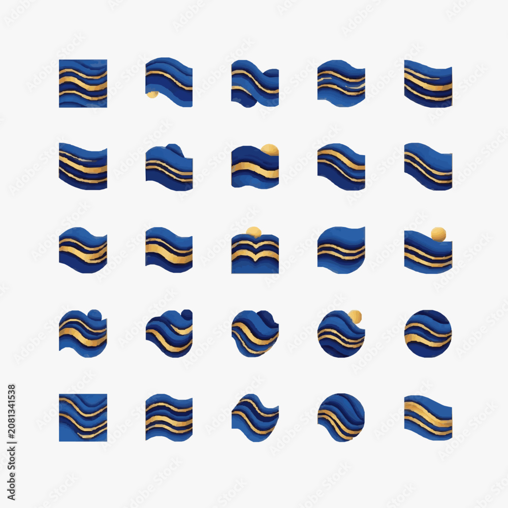 Obraz premium Minimalist Abstract 3D Wave and Sphere Designs with Blue and Gold Gradient Textures with high quality professional line art symbols for modern creative design and digital branding projects