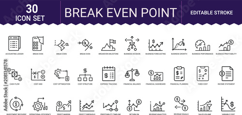 Break even point icons set linear web elements financial analysis and business metrics.