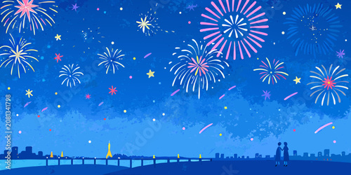 Photos fireworks over city skyline illustration night blue celebration explosion stars