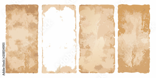 four vertical sheets of heavily aged crumpled paper on transparent background texture vintage antique document scroll parchment illustration vector graphic design