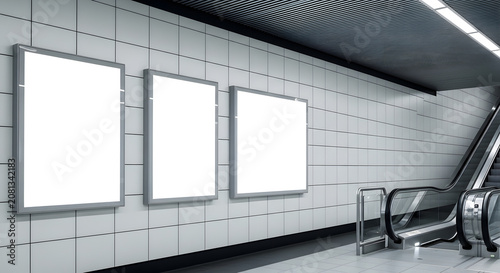 Blank billboard mockup in subway station, three vertical lightboxes on tiled wall, empty advertising frames near escalator in underground metro
