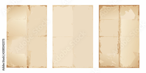 Canvas Print three vertical sheets of old folded beige paper on white background texture grun