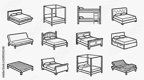 Bild auf Leinwand Industrial Black and White Line Drawing Collection of Various Bed Frame Styles a